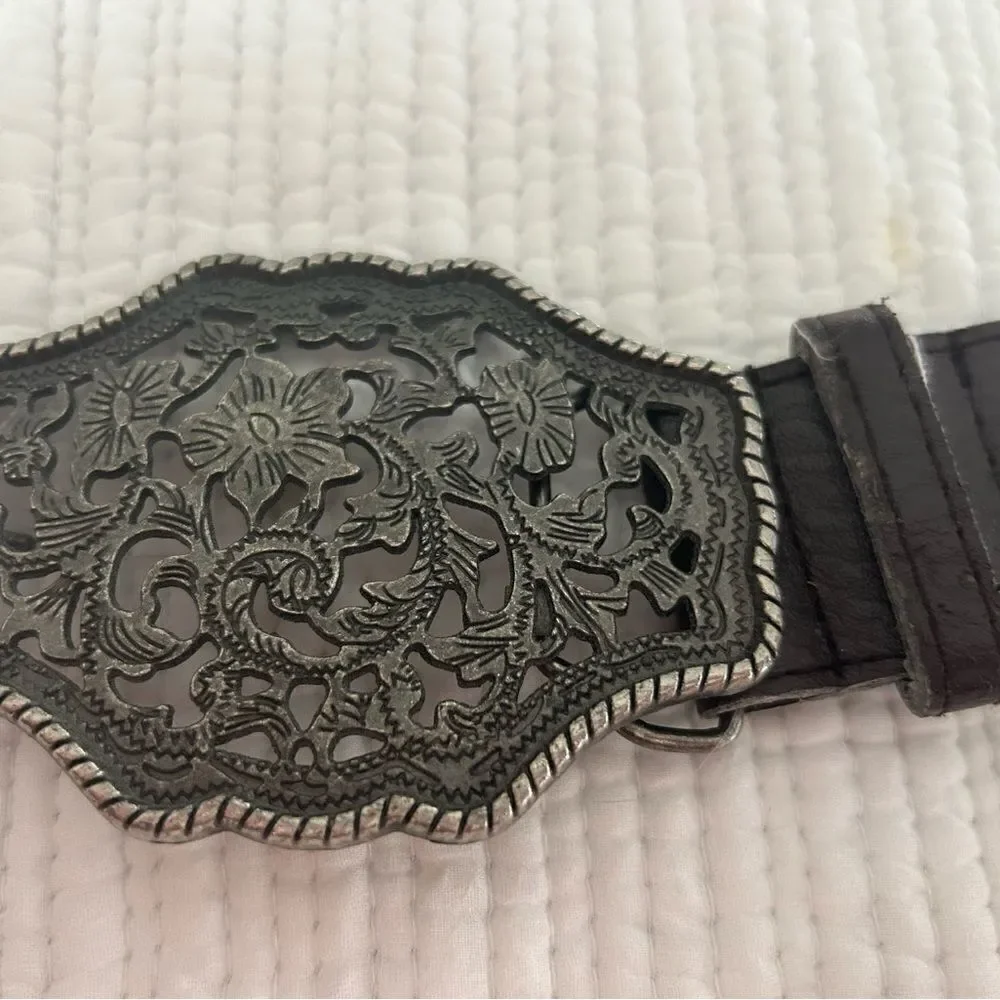 Women’s Brown Southwestern Silver Buckle Statement Belt Festival Size 39 inches